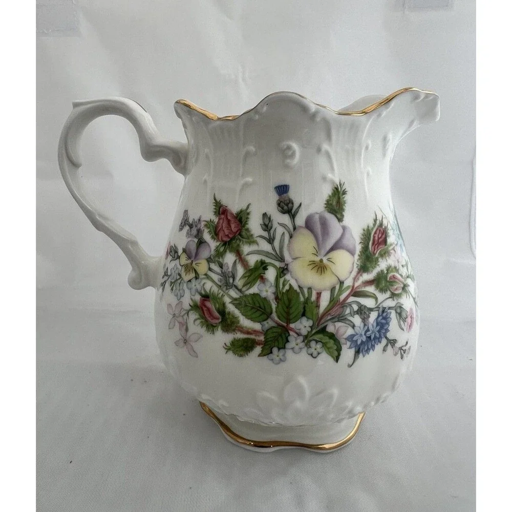 Aynsley 4'' Milk Jug Wild Tudor Fine Bone China Floral Design on White Gold Trim